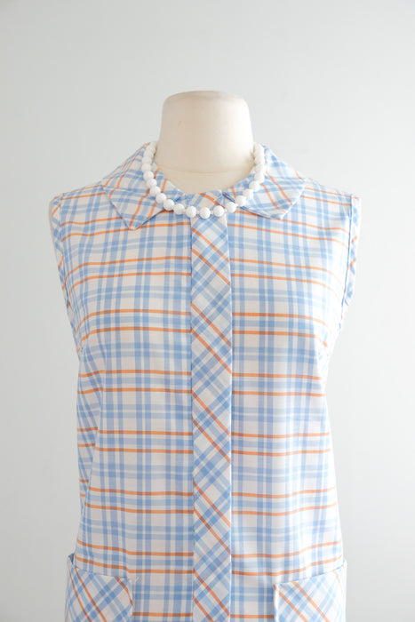 Delightful 1960's Blue & Orange Check Plaid Cotton Dress / Sz L