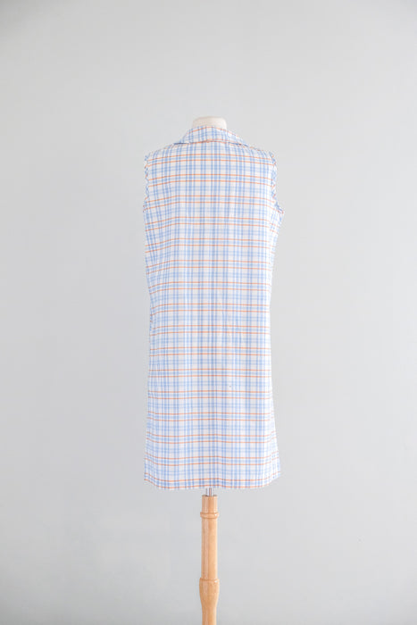 Delightful 1960's Blue & Orange Check Plaid Cotton Dress / Sz L