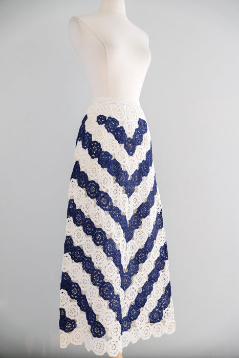 Amazing 1970's Navy & White Chevron Striped Italian Raffia Skirt / Sz S