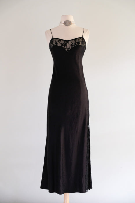 Vintage 1990's Black Silk Bias Cut Slip Gown With Lace / XS