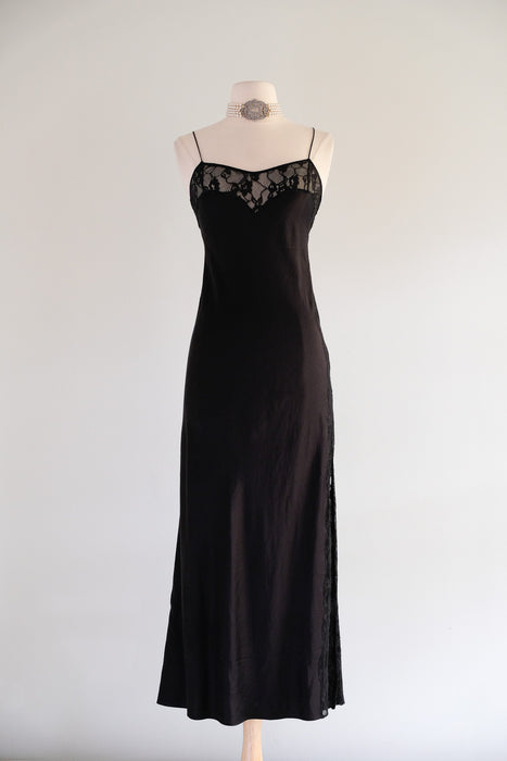 Vintage 1990's Black Silk Bias Cut Slip Gown With Lace / XS