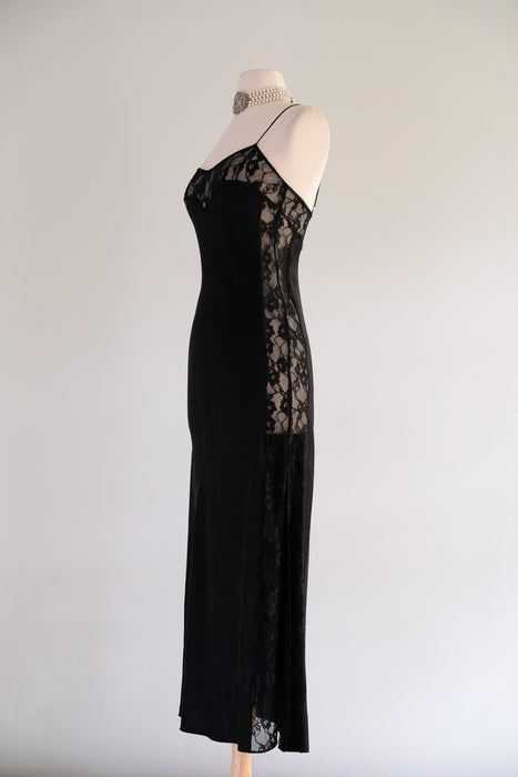 Vintage 1990's Black Silk Bias Cut Slip Gown With Lace / XS