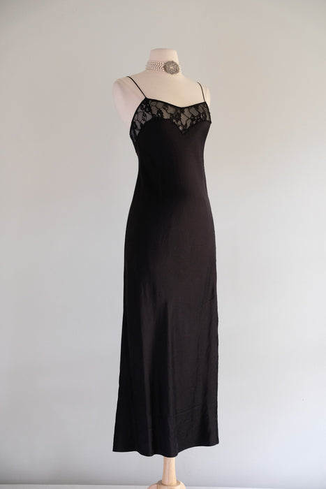 Vintage 1990's Black Silk Bias Cut Slip Gown With Lace / XS