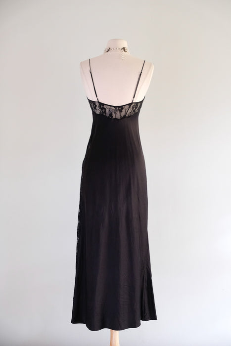 Vintage 1990's Black Silk Bias Cut Slip Gown With Lace / XS