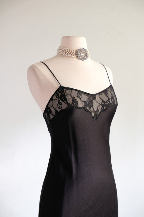 Vintage 1990's Black Silk Bias Cut Slip Gown With Lace / XS