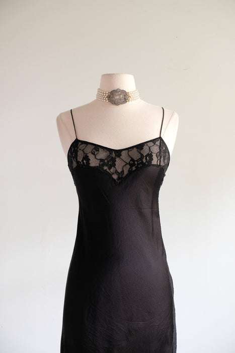 Vintage 1990's Black Silk Bias Cut Slip Gown With Lace / XS