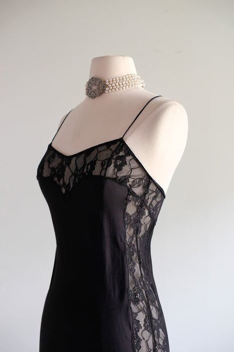 Vintage 1990's Black Silk Bias Cut Slip Gown With Lace / XS