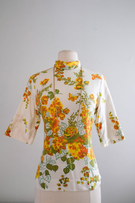 Fabulous 1960's Polished Cotton H Bar C Floral Butterfly Top / Sz S