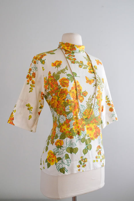 Fabulous 1960's Polished Cotton H Bar C Floral Butterfly Top / Sz S