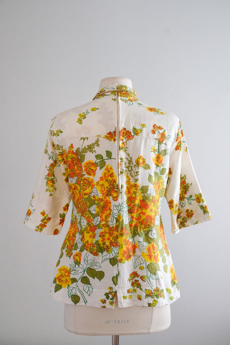 Fabulous 1960's Polished Cotton H Bar C Floral Butterfly Top / Sz S