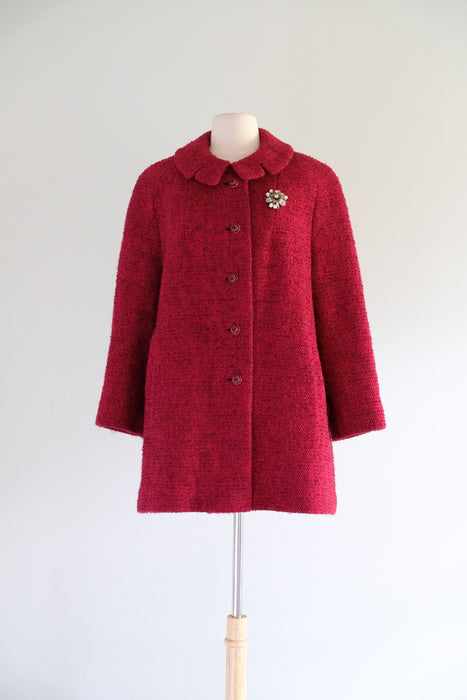 Vintage 1960's Berry Red & Black Tweed Wool Coat by Shagmoor / XL