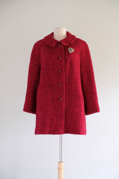 Vintage 1960's Berry Red & Black Tweed Wool Coat by Shagmoor / XL