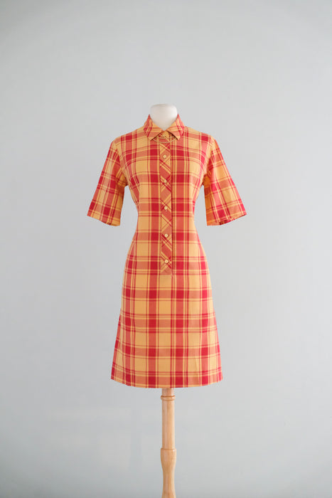 Chic 1960's Autumn Crimson Plaid Cotton Shift Dress / Sz M