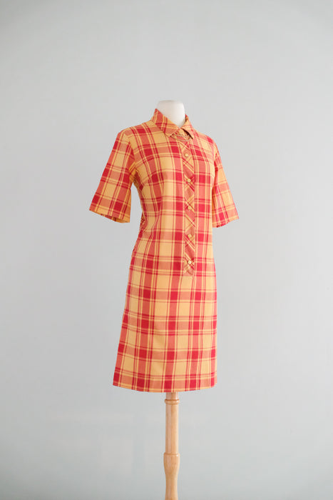 Chic 1960's Autumn Crimson Plaid Cotton Shift Dress / Sz M