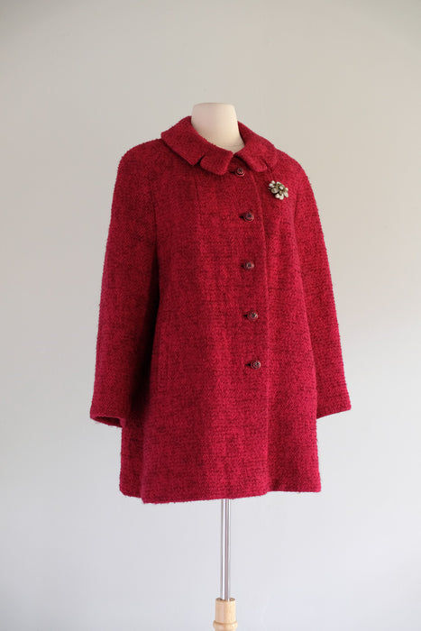 Vintage 1960's Berry Red & Black Tweed Wool Coat by Shagmoor / XL