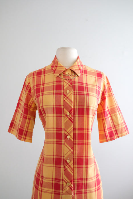 Chic 1960's Autumn Crimson Plaid Cotton Shift Dress / Sz M