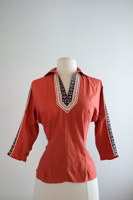 Terrific 1950's Redwood Southwestern Patio Blouse by Alberta / Sz M