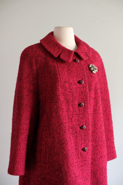 Vintage 1960's Berry Red & Black Tweed Wool Coat by Shagmoor / XL