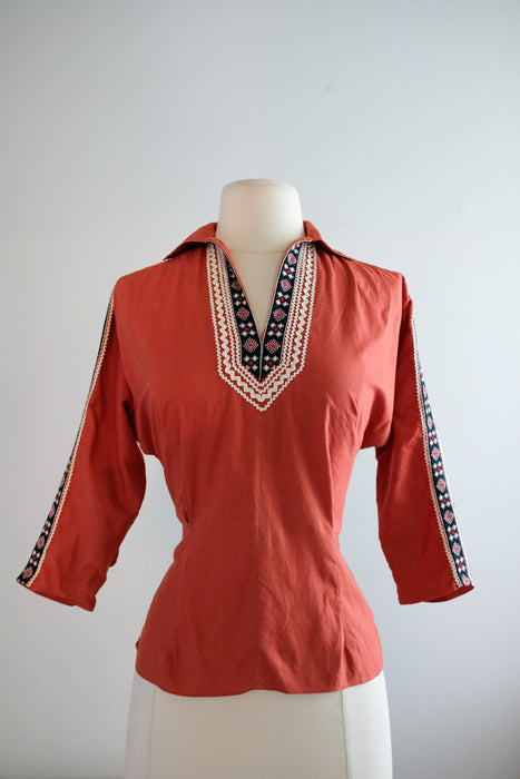 Terrific 1950's Redwood Southwestern Patio Blouse by Alberta / Sz M