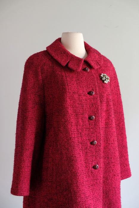 Vintage 1960's Berry Red & Black Tweed Wool Coat by Shagmoor / XL