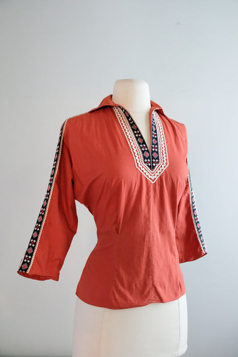 Terrific 1950's Redwood Southwestern Patio Blouse by Alberta / Sz M