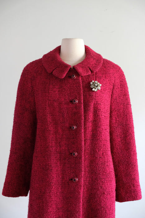 Vintage 1960's Berry Red & Black Tweed Wool Coat by Shagmoor / XL