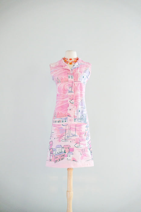 Charming 1960's Venetian Sunset Cotton Shift Dress / Sz XS