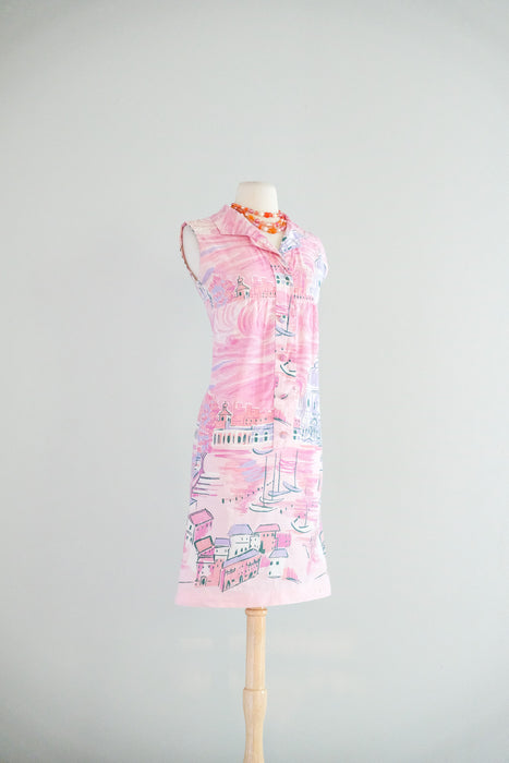 Charming 1960's Venetian Sunset Cotton Shift Dress / Sz XS