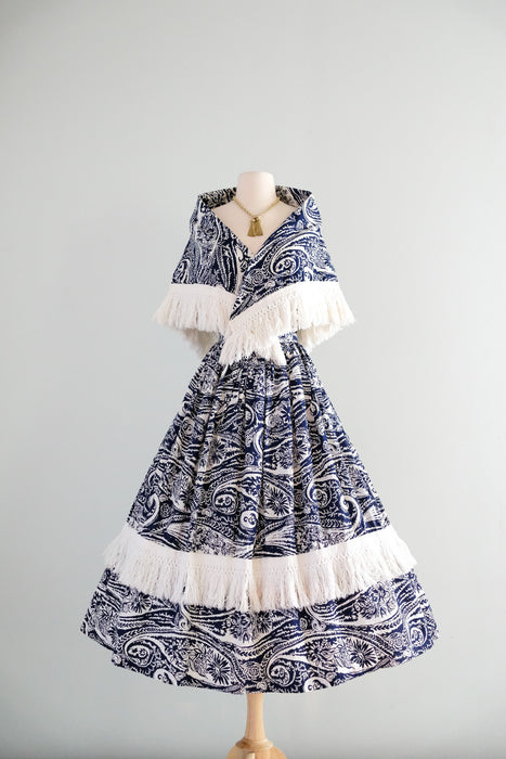 Fabulous 1950's Navy & White Fringe Ensemble / S