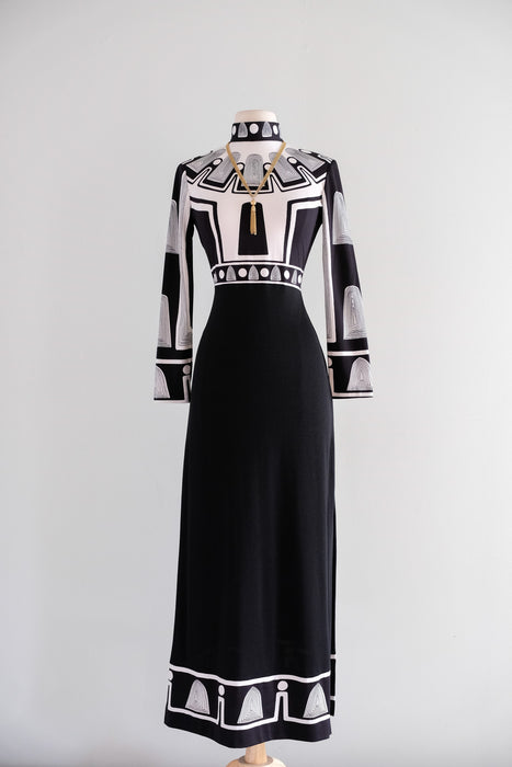 Vintage 1970's Black & White Op Art Print Dress by Cirette / M