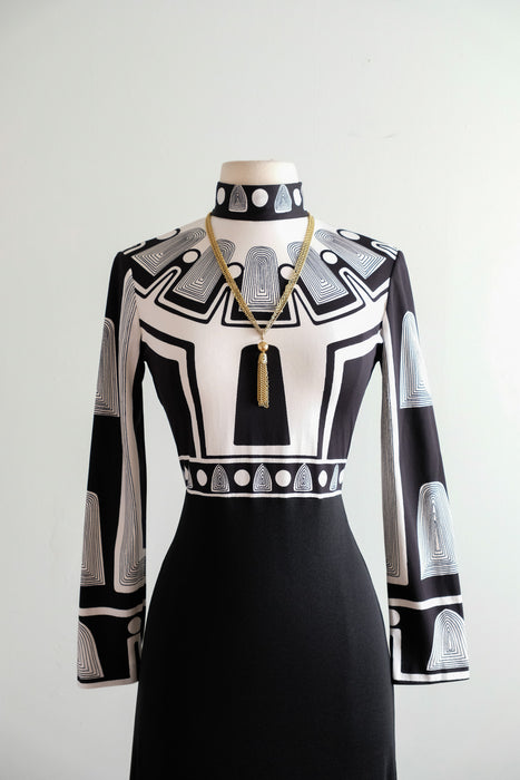 Vintage 1970's Black & White Op Art Print Dress by Cirette / M