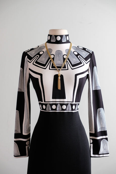 Vintage 1970's Black & White Op Art Print Dress by Cirette / M