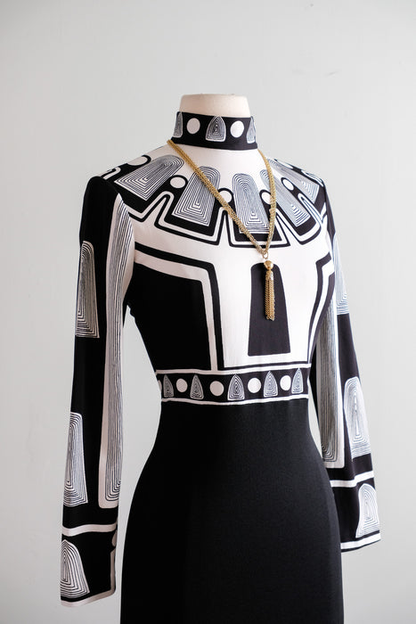 Vintage 1970's Black & White Op Art Print Dress by Cirette / M