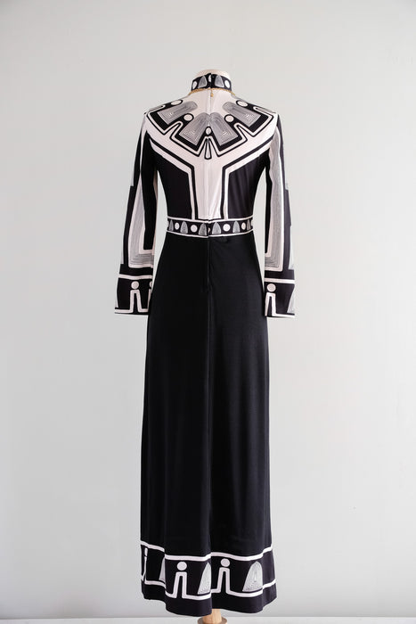Vintage 1970's Black & White Op Art Print Dress by Cirette / M