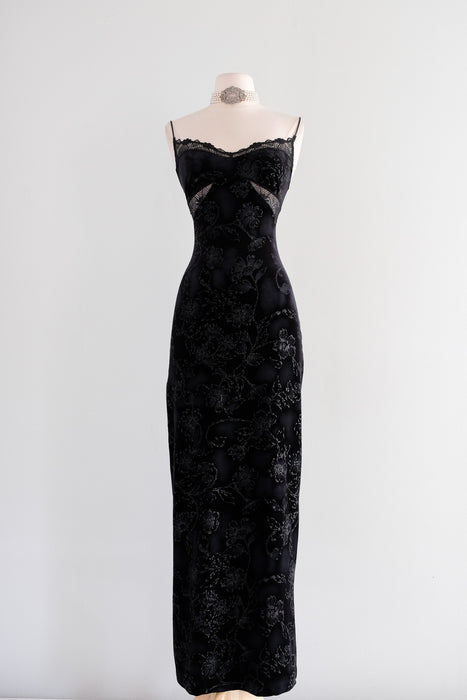 Vintage 2000's Black Velvet & Lace Cut Out Gown by Cosabella / M