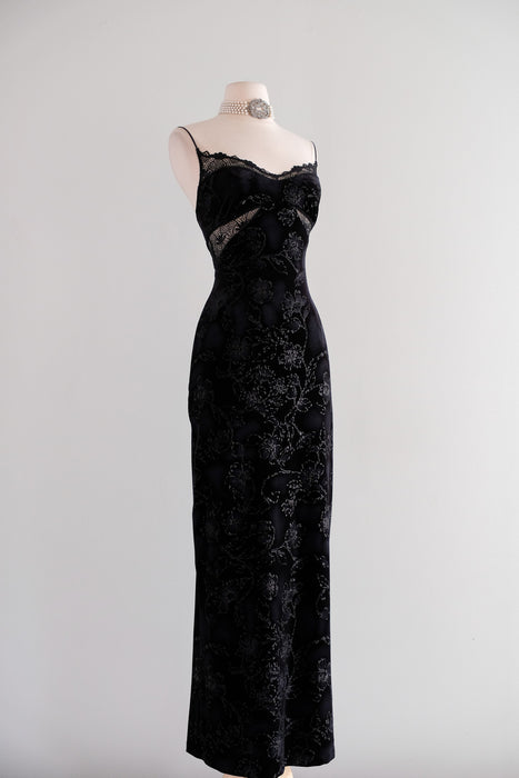 Vintage 2000's Black Velvet & Lace Cut Out Gown by Cosabella / M