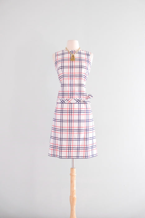 Prim 1960's Red & Blue Checkered Plaid Matching Blouse & Skirt Set / Sz S