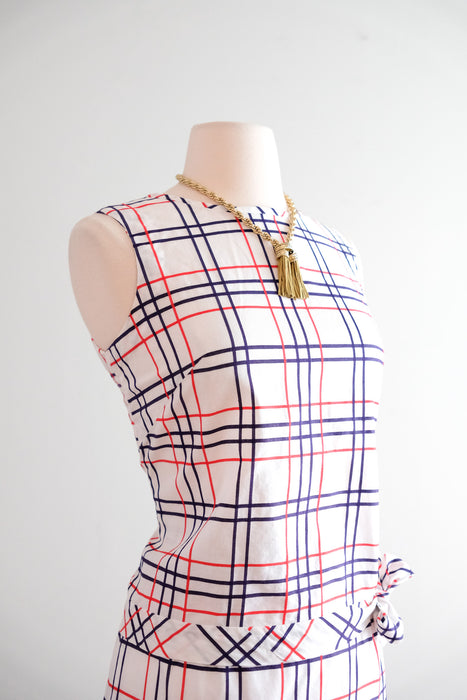 Prim 1960's Red & Blue Checkered Plaid Matching Blouse & Skirt Set / Sz S