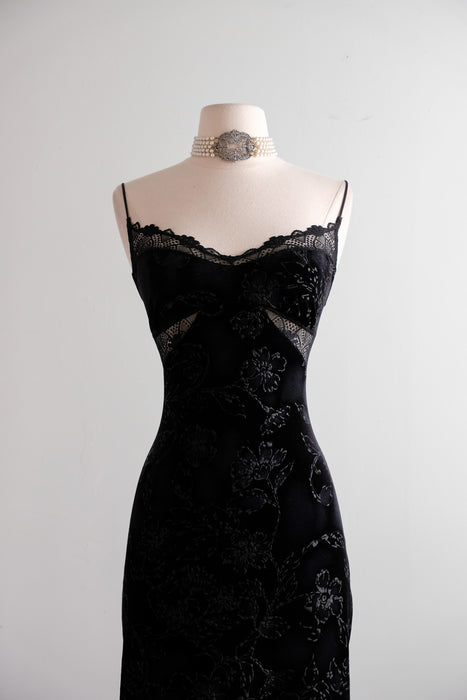 Vintage 2000's Black Velvet & Lace Cut Out Gown by Cosabella / M