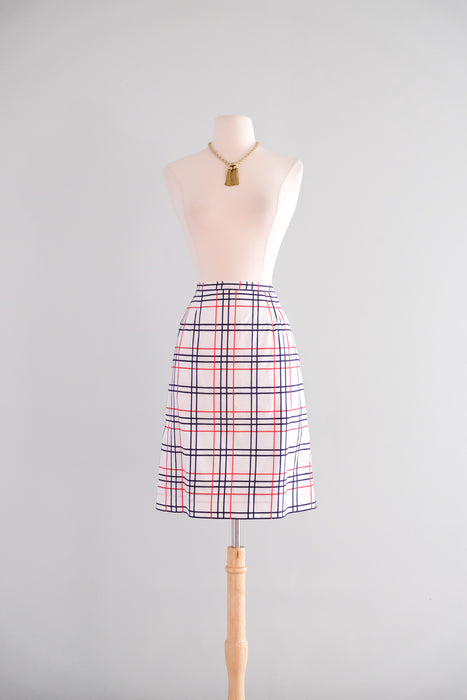 Prim 1960's Red & Blue Checkered Plaid Matching Blouse & Skirt Set / Sz S