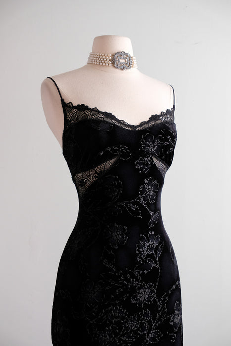 Vintage 2000's Black Velvet & Lace Cut Out Gown by Cosabella / M
