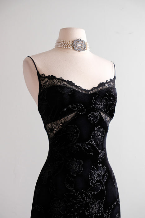 Vintage 2000's Black Velvet & Lace Cut Out Gown by Cosabella / M