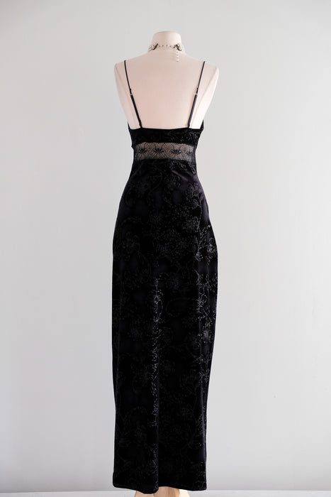 Vintage 2000's Black Velvet & Lace Cut Out Gown by Cosabella / M