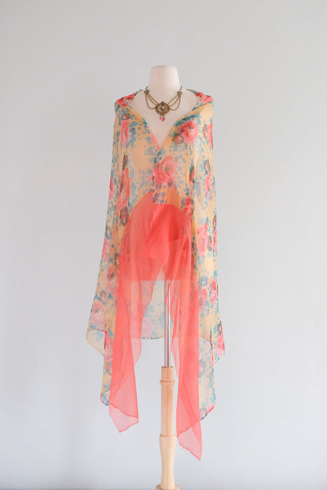 Vintage 1920's Rose Print Floral Silk Chiffon Shawl / OS