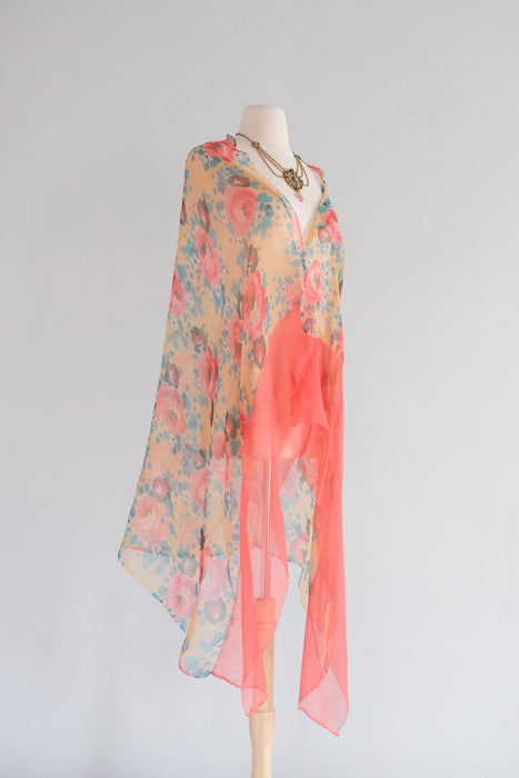 Vintage 1920's Rose Print Floral Silk Chiffon Shawl / OS
