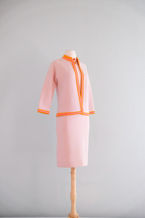 Pretty 1960's Pink & Orange Color Block Sherbet Knit Three Piece Set / M