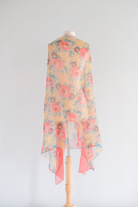 Vintage 1920's Rose Print Floral Silk Chiffon Shawl / OS