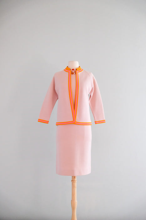 Pretty 1960's Pink & Orange Color Block Sherbet Knit Three Piece Set / M