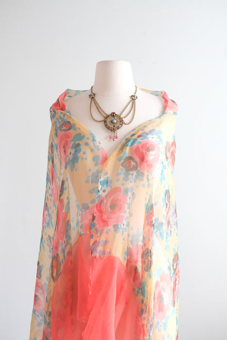 Vintage 1920's Rose Print Floral Silk Chiffon Shawl / OS