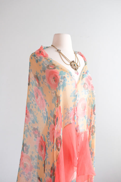 Vintage 1920's Rose Print Floral Silk Chiffon Shawl / OS